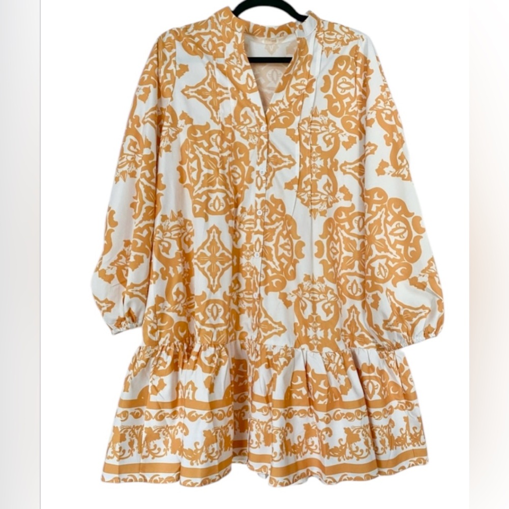 Long Sleeve Orange & White Floral Dress - Ruffle Hem & Notched Neckline